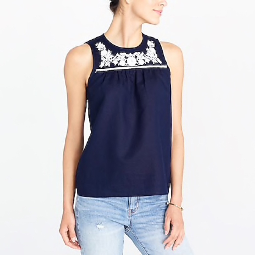 J. Crew Embroidered Navy Blue Top 0